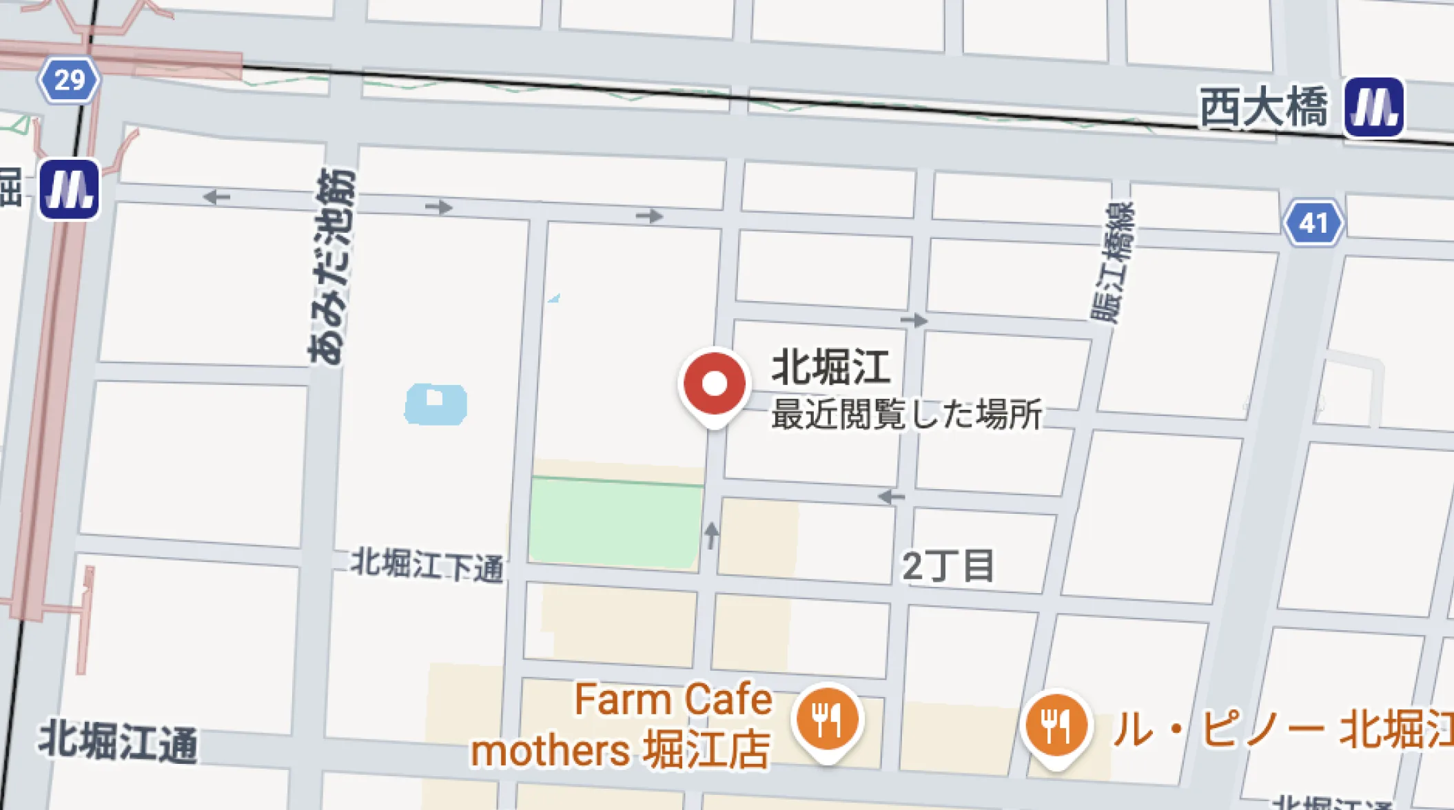 大阪市西区北堀江付近のクリエイト歯科の位置を示した地図