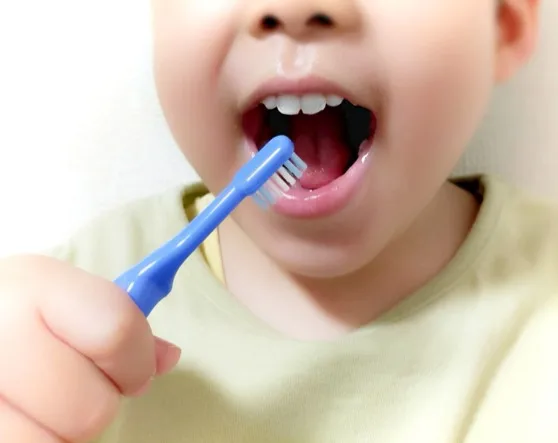 子どもが歯ブラシで歯みがきをしている様子