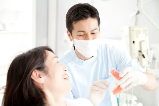 歯科医師が歯の模型を使って患者に説明している様子