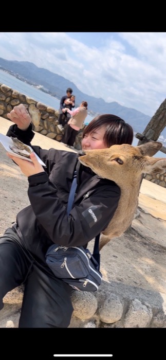 鹿に頬をすり寄せられている写真