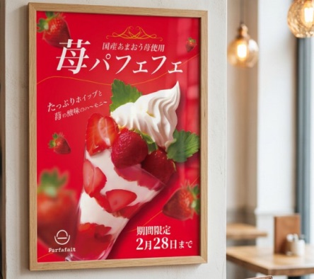 壁に額装して掛けた「苺パフェフェア」のポスター。赤い背景に苺のパフェの写真が入っている