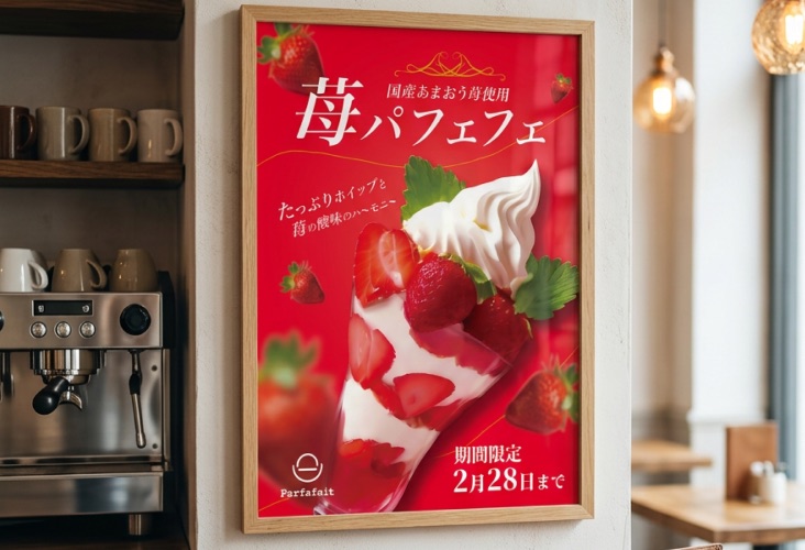 カフェの店内に掲示された苺パフェフェアのポスターのモックアップ