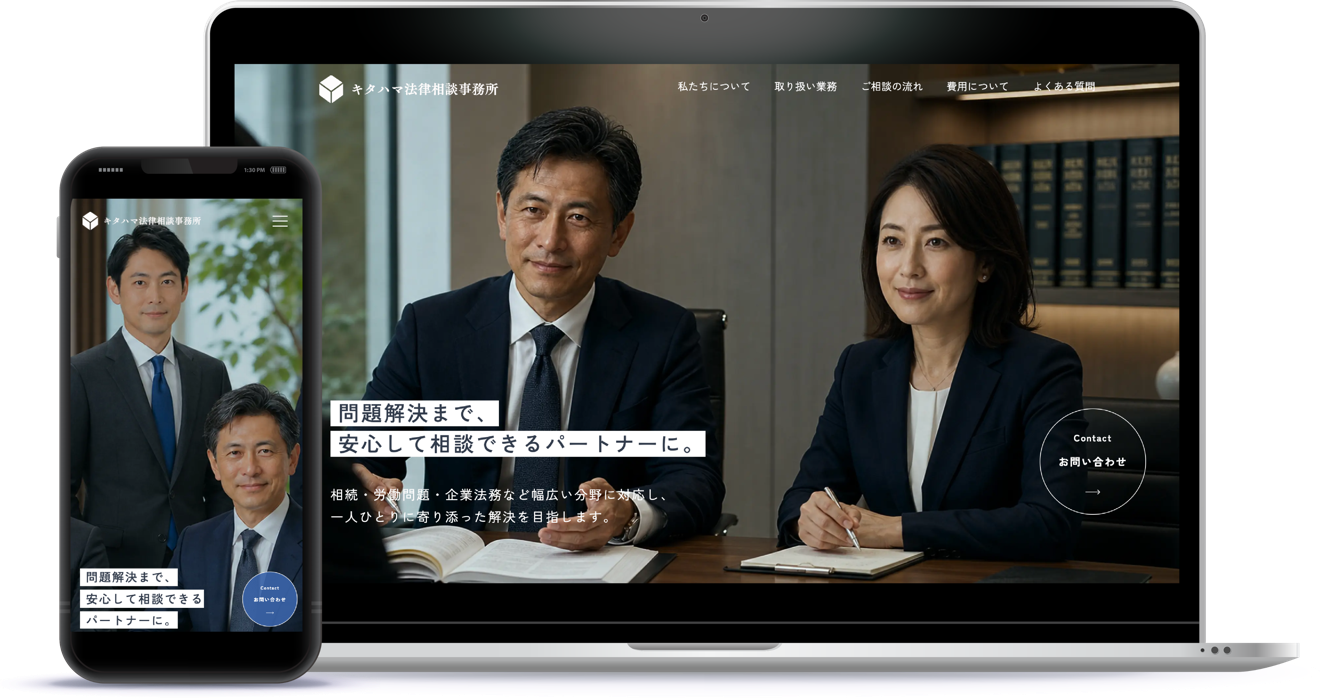 キタハマ法律事務所のサイトをノートパソコンとスマートフォンに表示したモックアップ